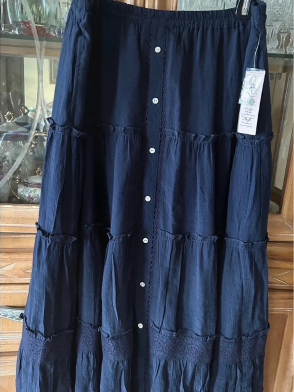Nanette Lepore Navy Tiered Button-Front Maxi Skirt with Crochet Trim